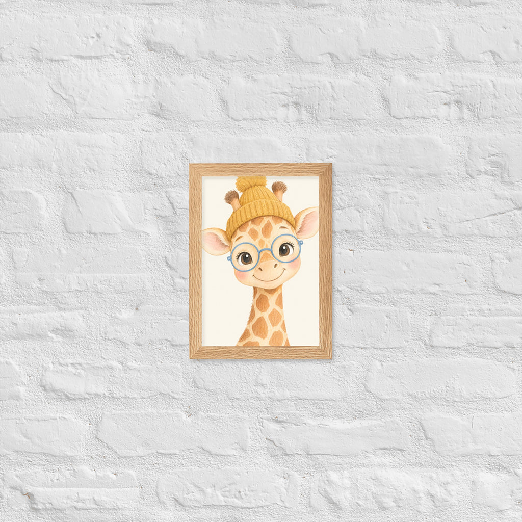Poster girafon aquarelle encadré chêne sur mur blanc