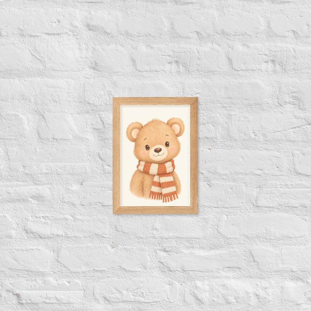 Poster ourson aquarelle encadré chêne sur mur blanc