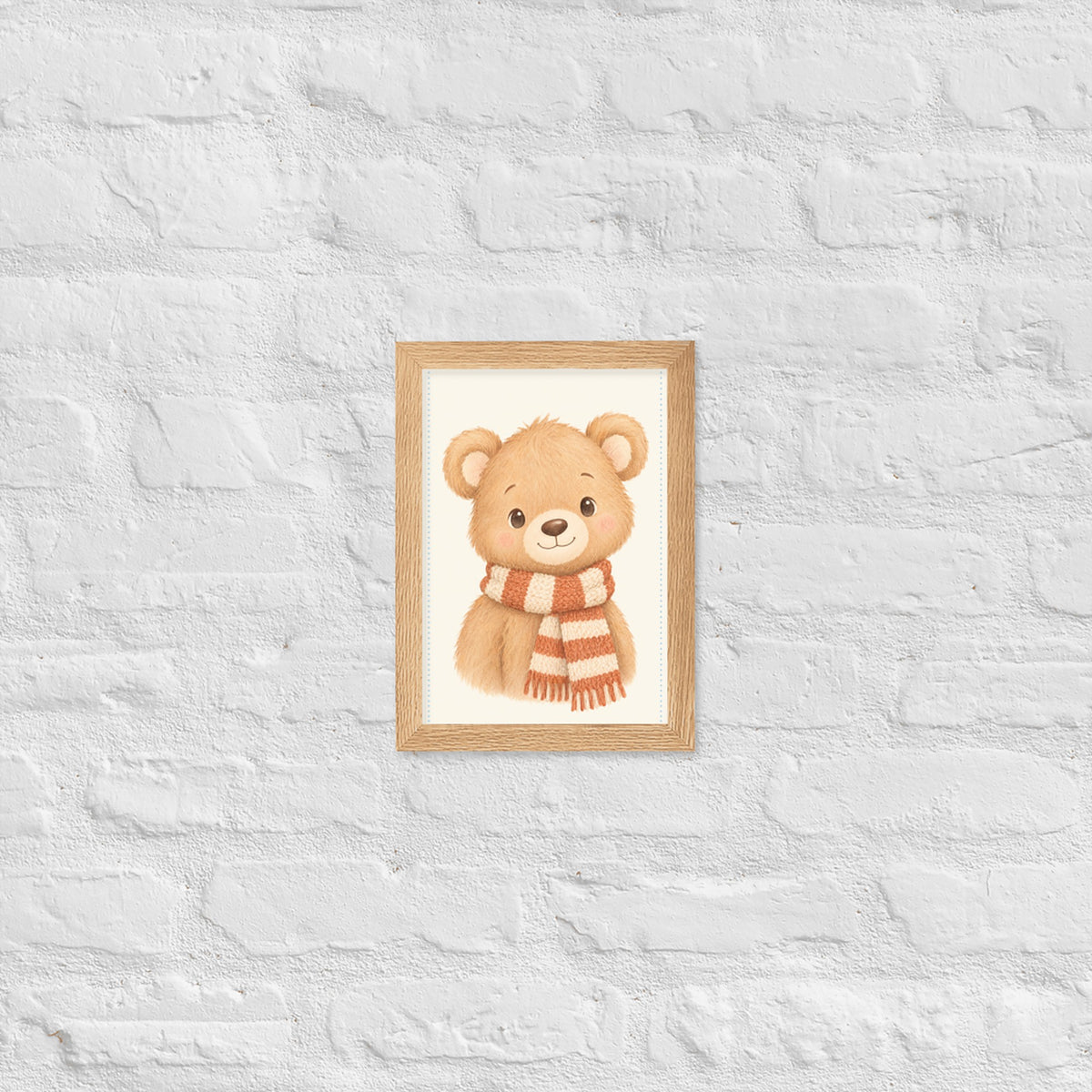 Poster ourson aquarelle encadré chêne sur mur blanc