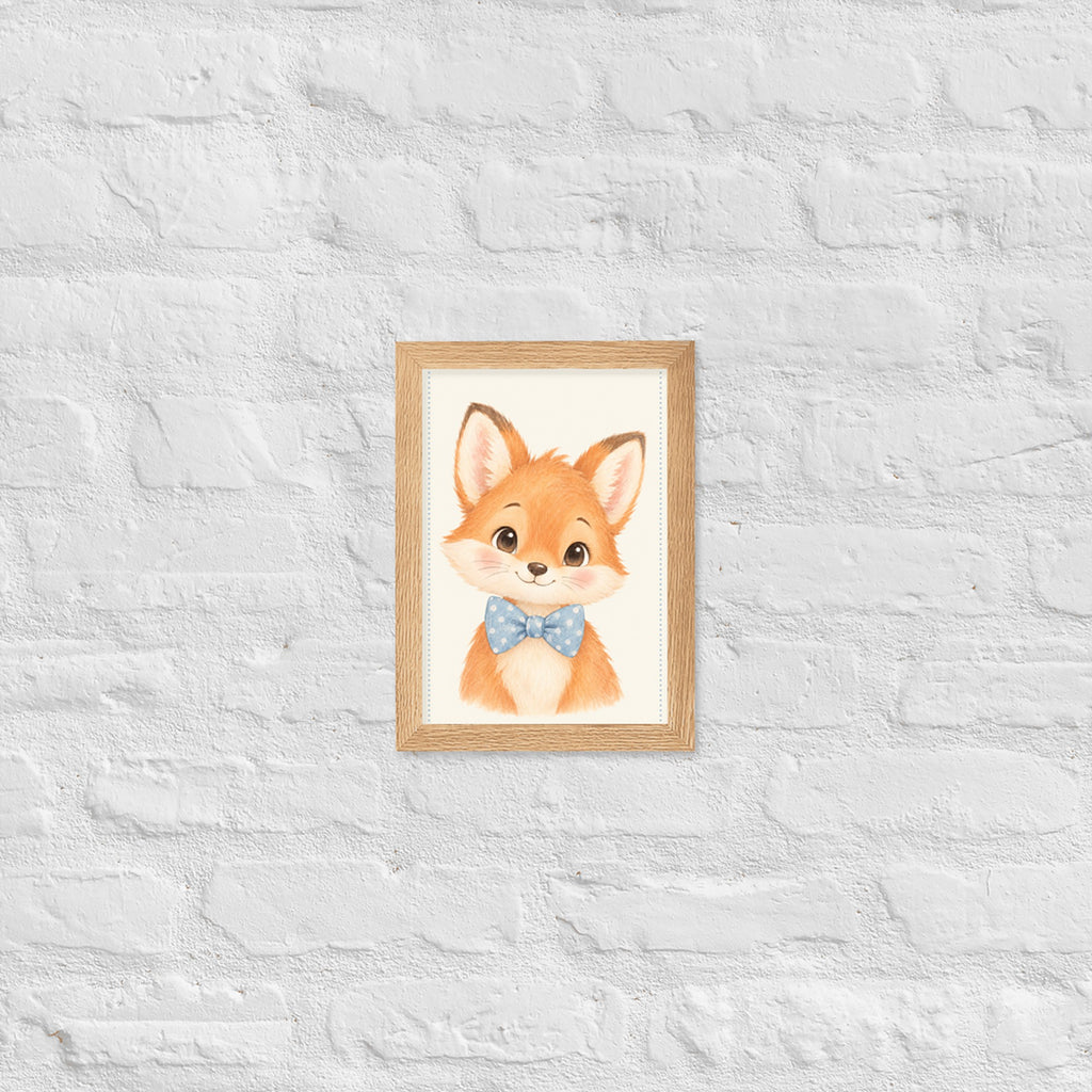 Poster renardeau aquarelle encadré chêne sur mur blanc