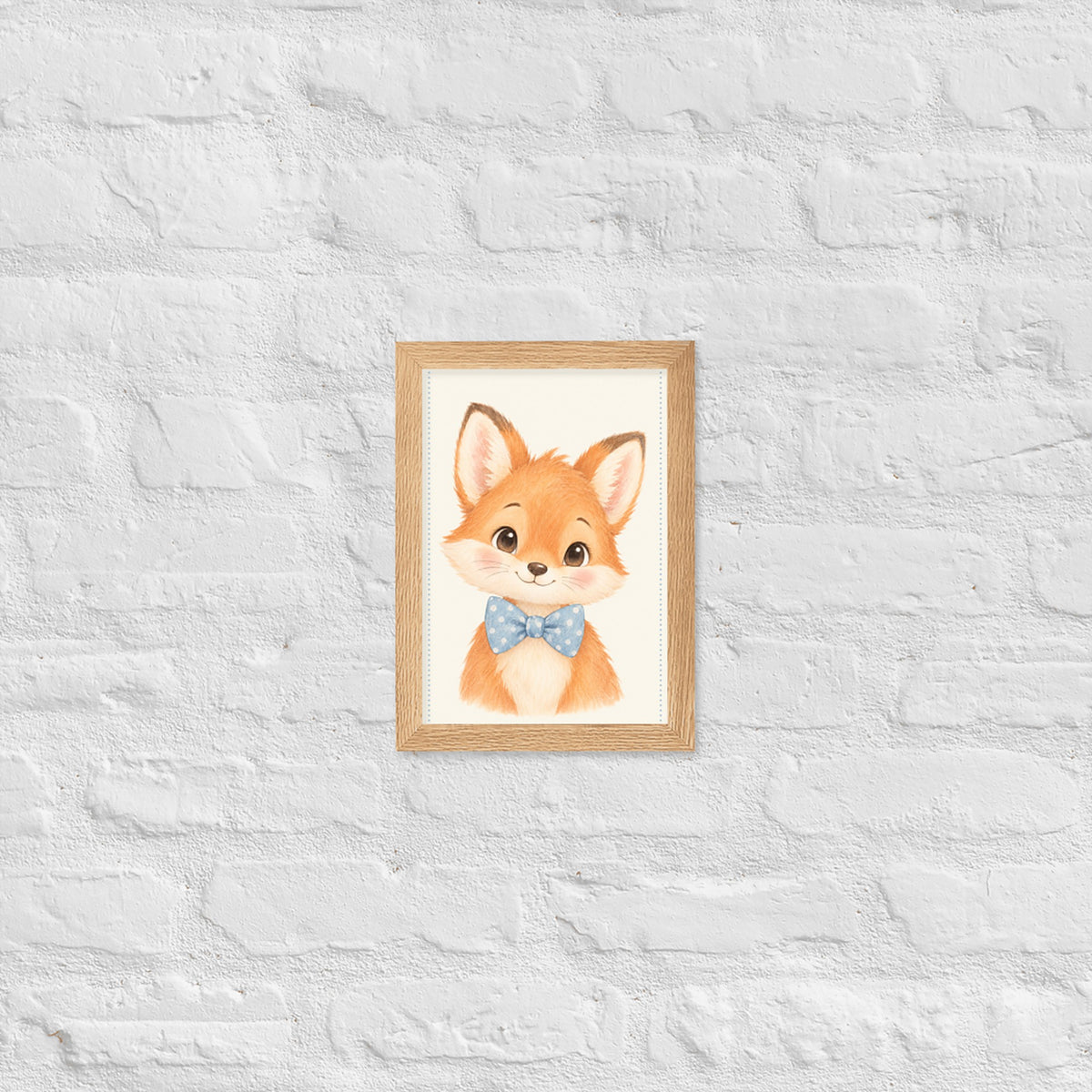 Poster renardeau aquarelle encadré chêne sur mur blanc