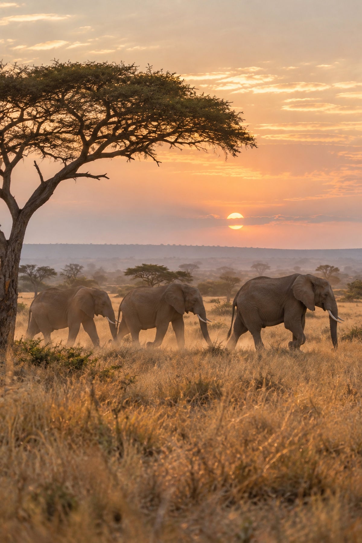 Affiche nature éléphants au lever du jour — aperçu