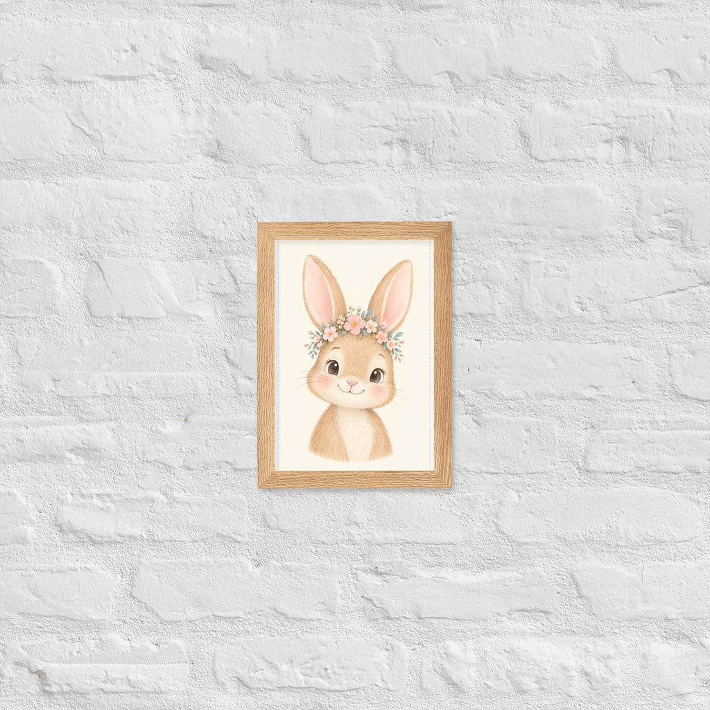 Poster lapereau aquarelle encadré chêne sur mur blanc