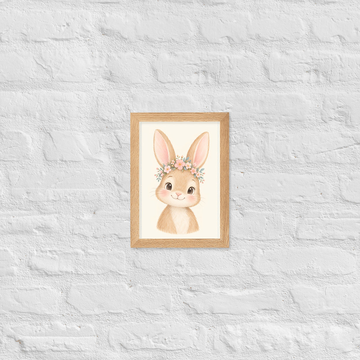 Poster lapereau aquarelle encadré chêne sur mur blanc