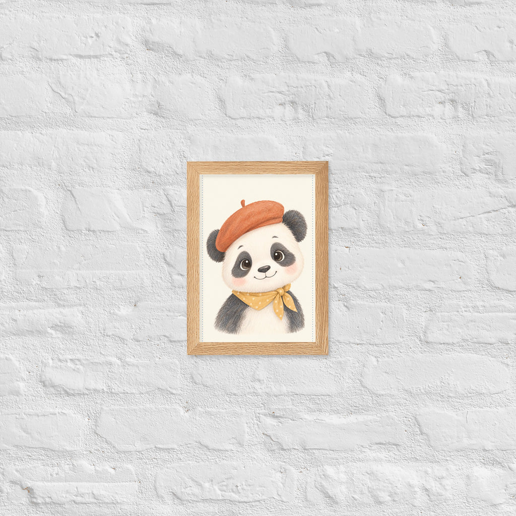 Poster panda aquarelle encadré chêne sur mur blanc