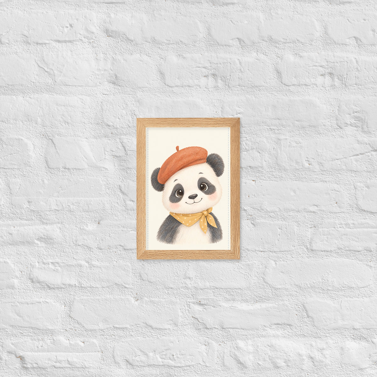 Poster panda aquarelle encadré chêne sur mur blanc