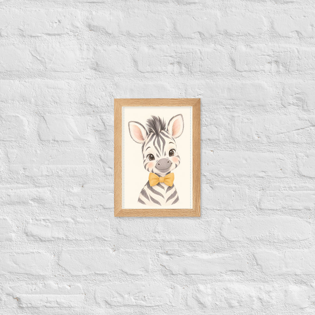 Poster zèbre aquarelle encadré chêne sur mur blanc