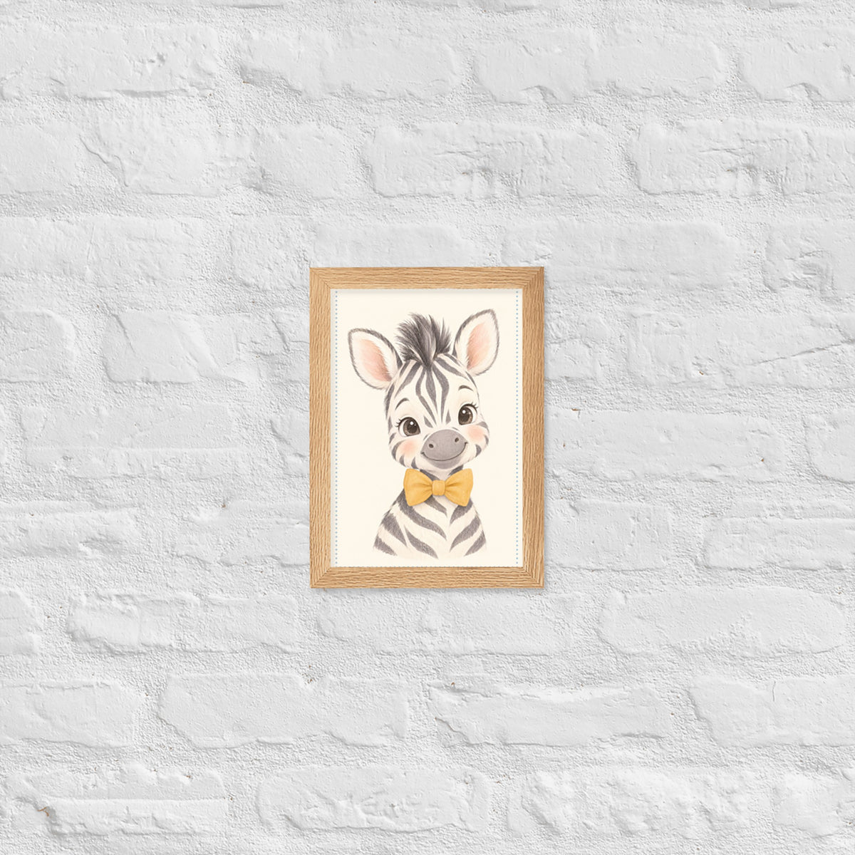 Poster zèbre aquarelle encadré chêne sur mur blanc
