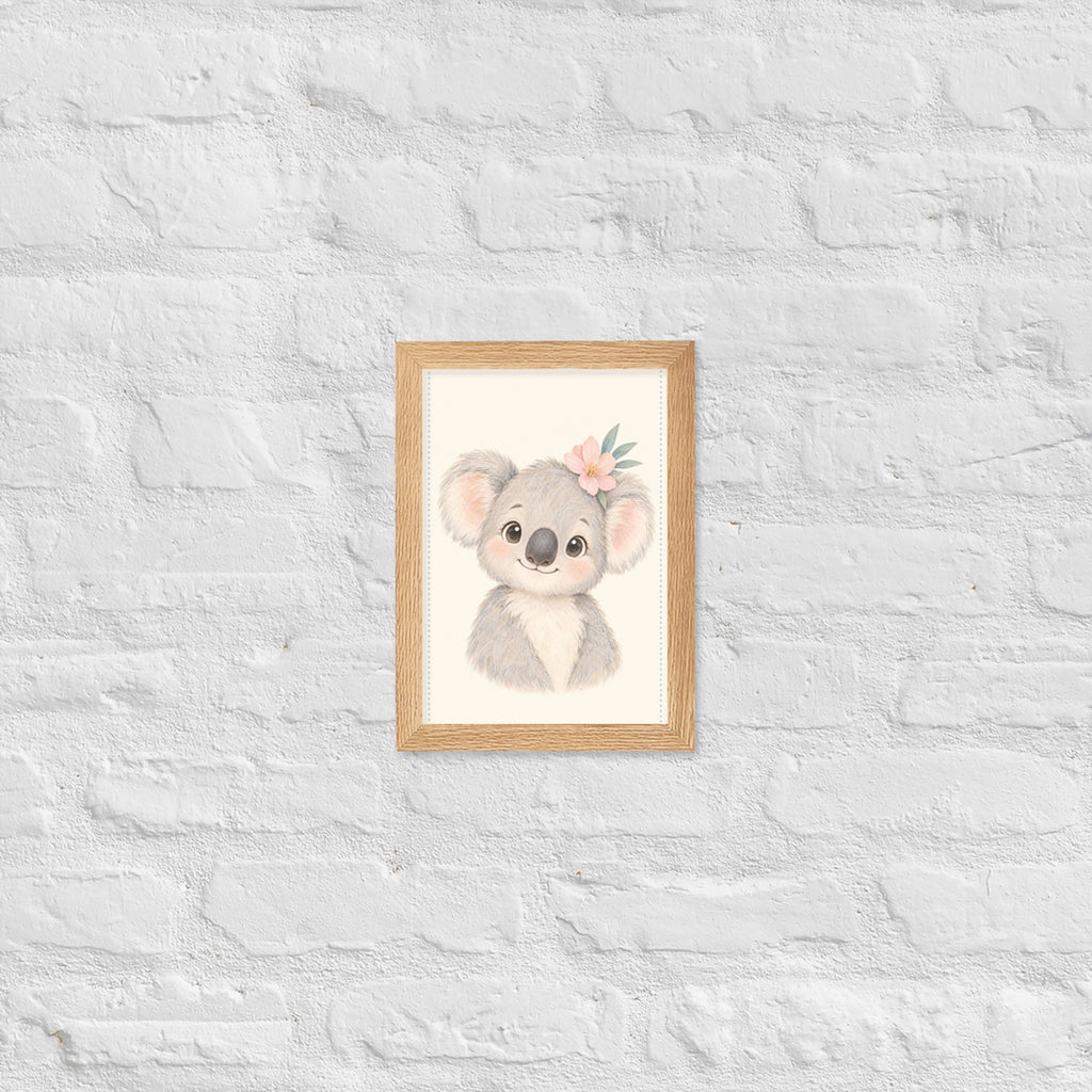 Poster koala aquarelle encadré chêne sur mur blanc