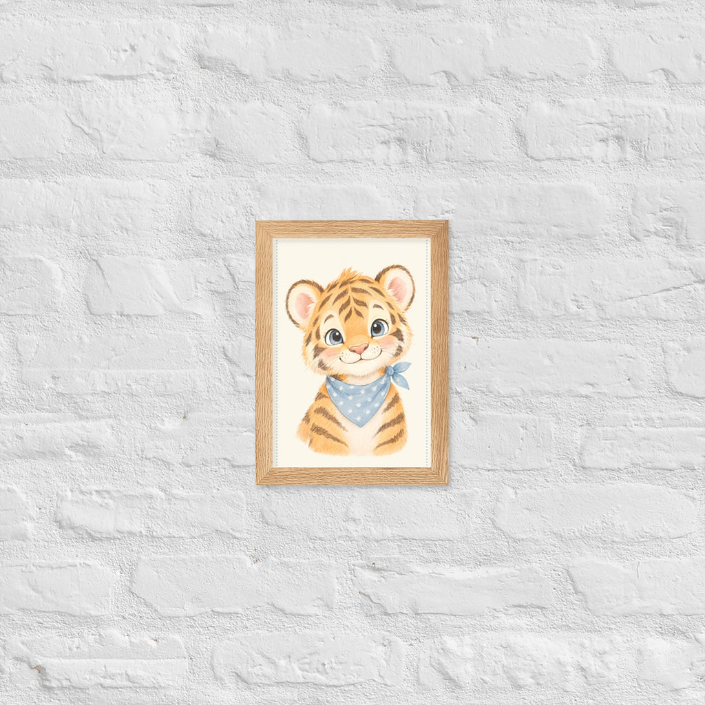 Poster tigre aquarelle encadré chêne sur mur blanc