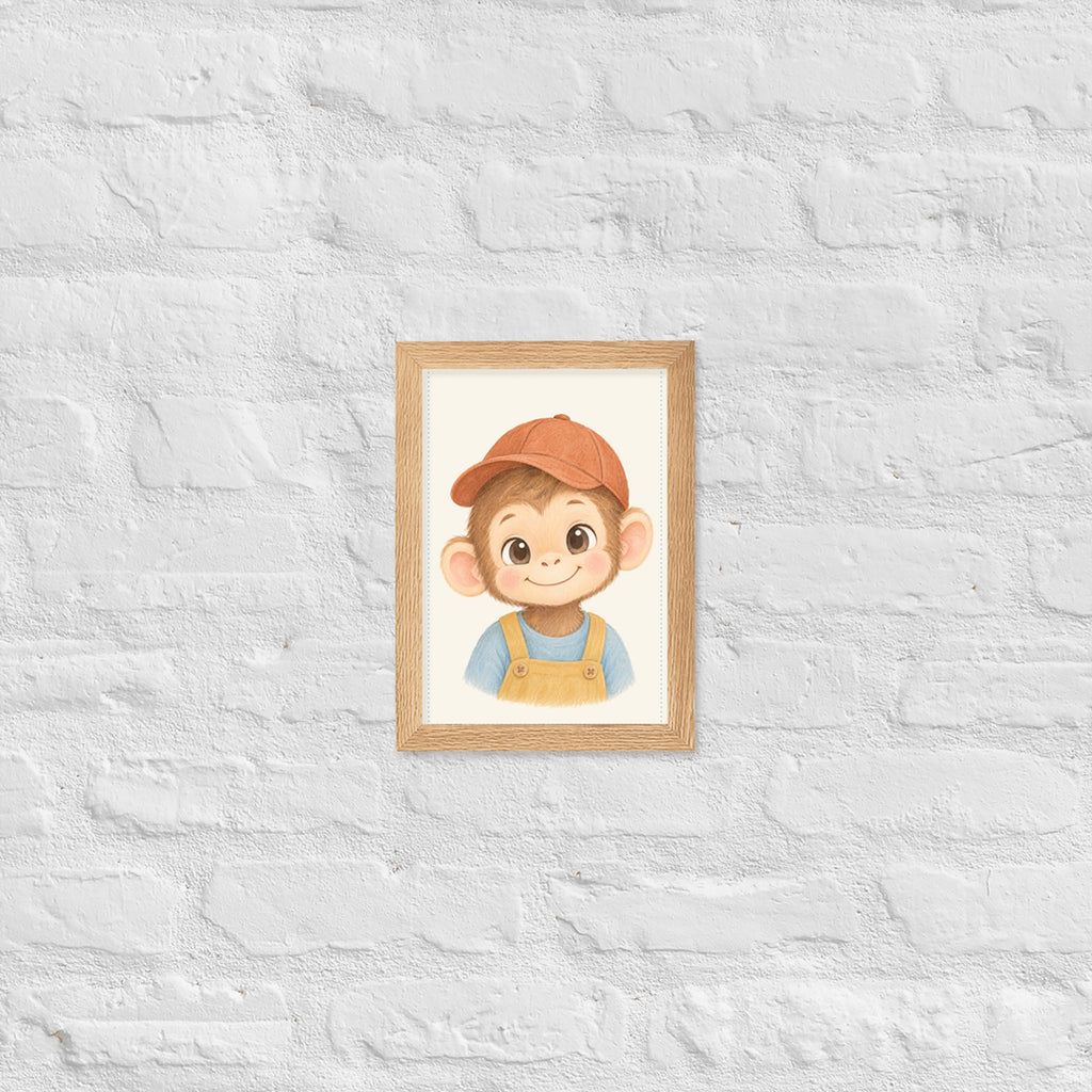 Poster singe aquarelle encadré chêne sur mur blanc