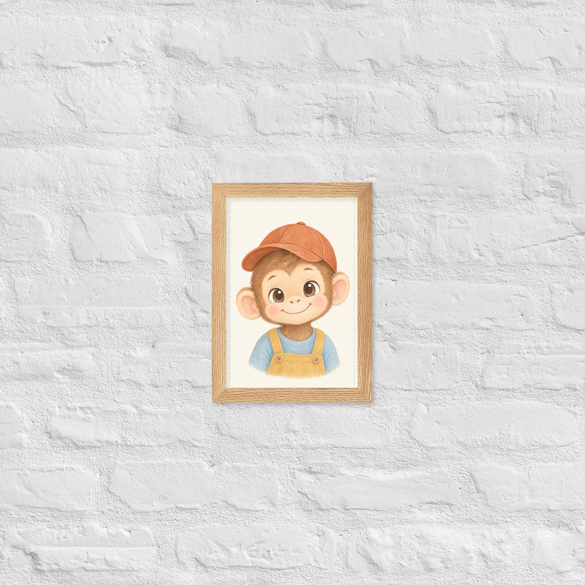 Poster singe aquarelle encadré chêne sur mur blanc