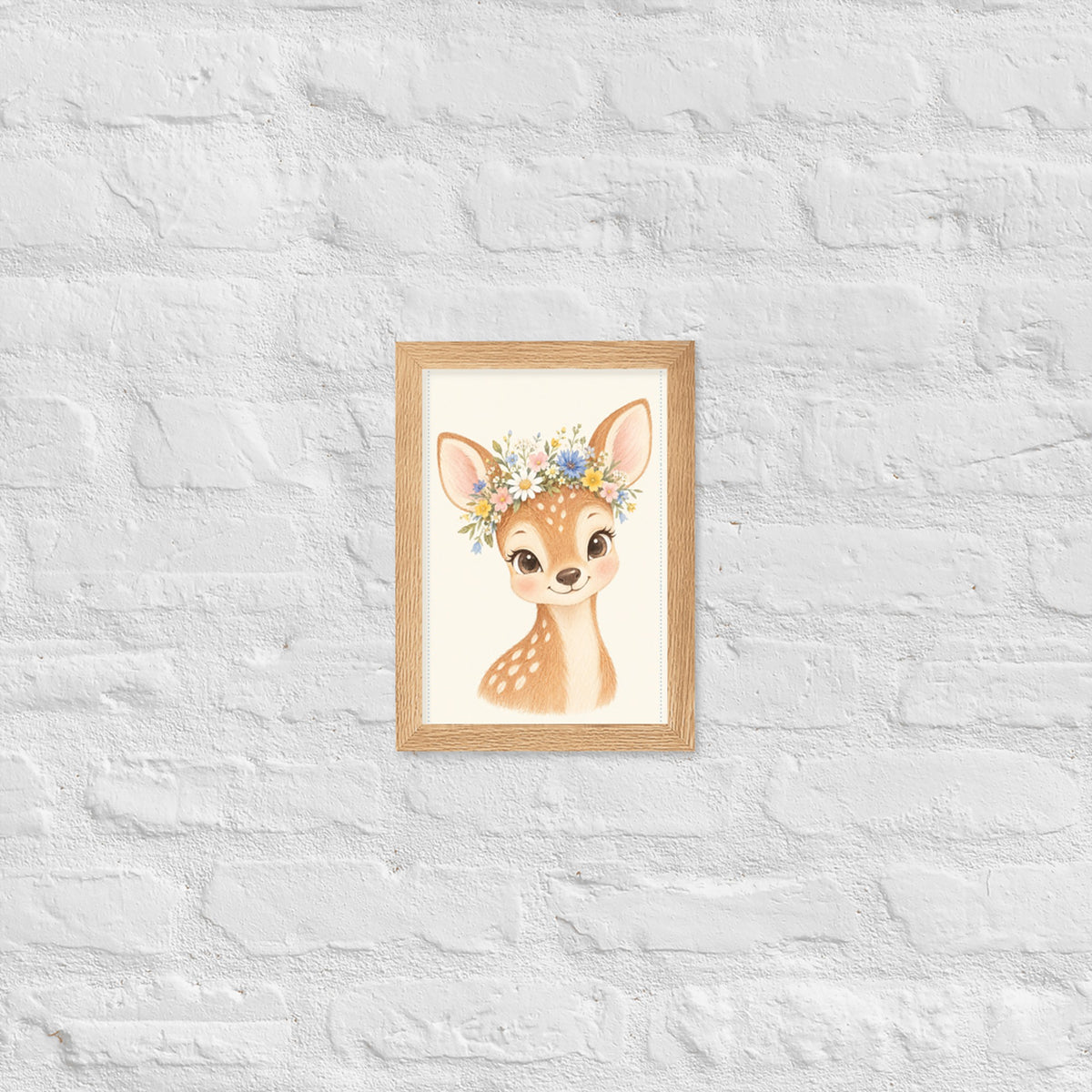 Poster faon aquarelle encadré chêne sur mur blanc