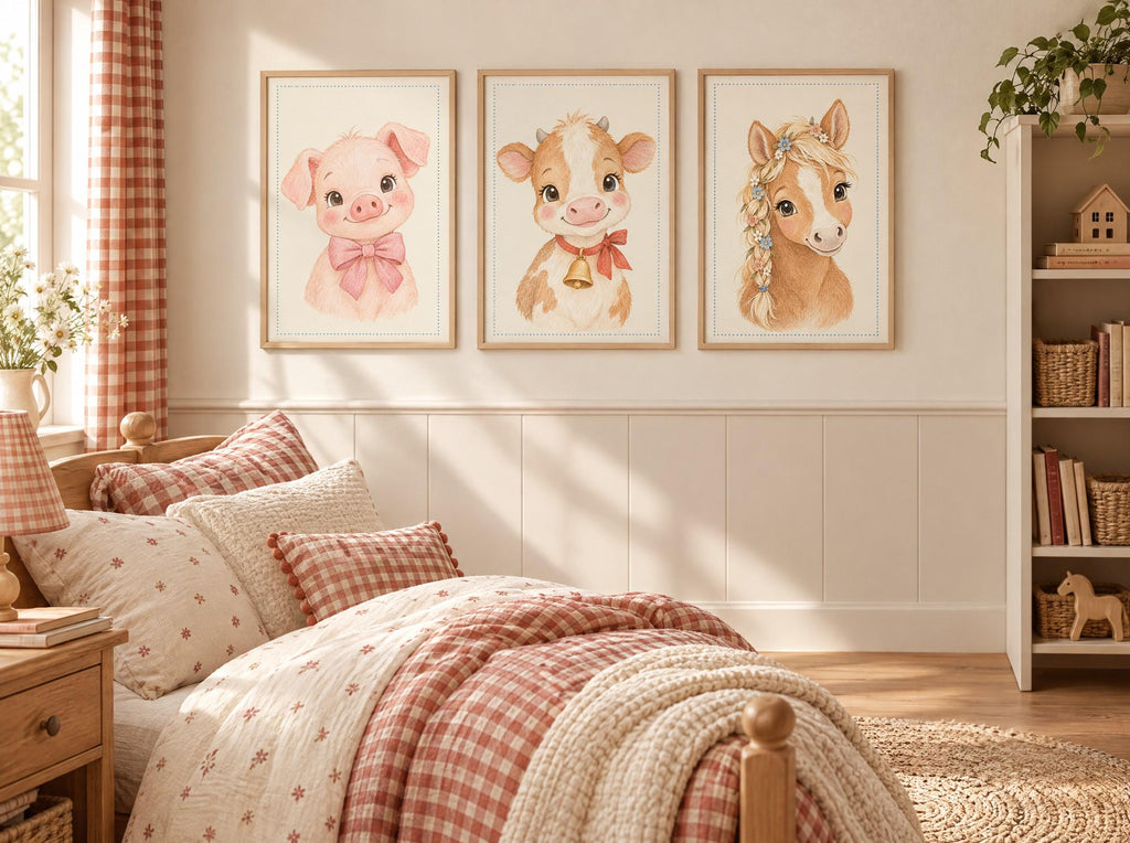 Lot 3 Posters Sans Cadre Amis de la Ferme – Cochonnet Veau Poulain – Décoration Chambre Bébé Aquarelle – Papier Mat