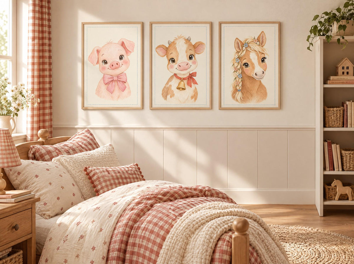 Lot 3 Posters Sans Cadre Amis de la Ferme – Cochonnet Veau Poulain – Décoration Chambre Bébé Aquarelle – Papier Mat