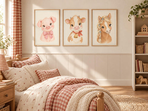 Lot 3 Posters Sans Cadre Amis de la Ferme – Cochonnet Veau Poulain – Décoration Chambre Bébé Aquarelle – Papier Mat
