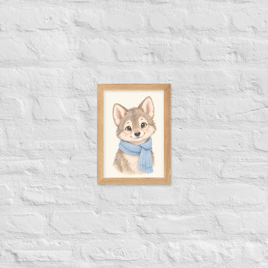 Poster louveteau aquarelle encadré chêne sur mur blanc