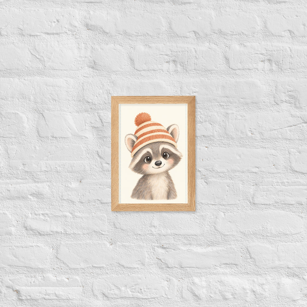 Poster raton laveur aquarelle encadré chêne sur mur blanc