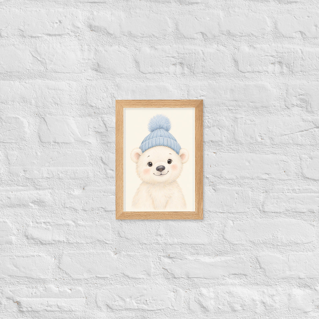 Poster ours polaire aquarelle encadré chêne sur mur blanc
