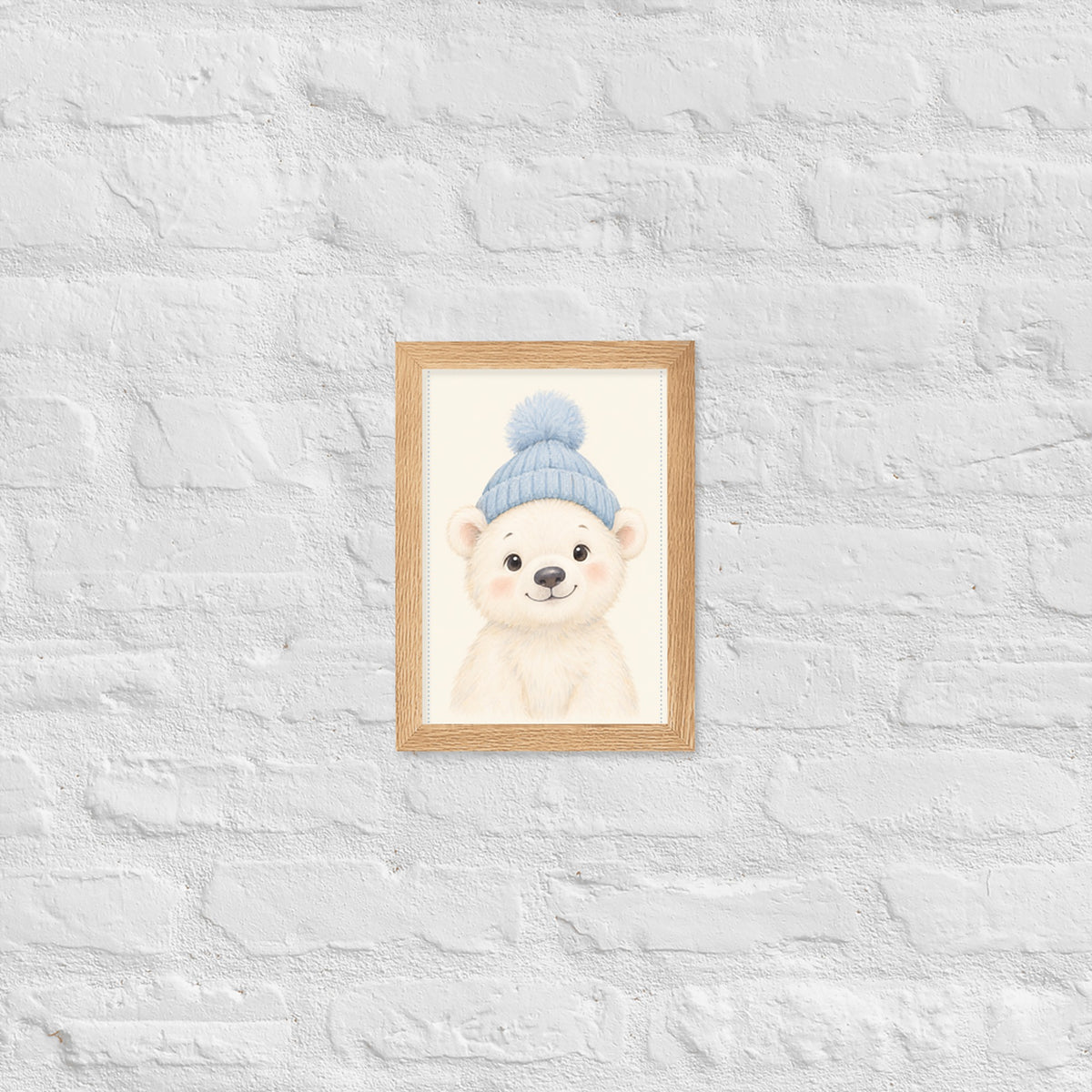 Poster ours polaire aquarelle encadré chêne sur mur blanc