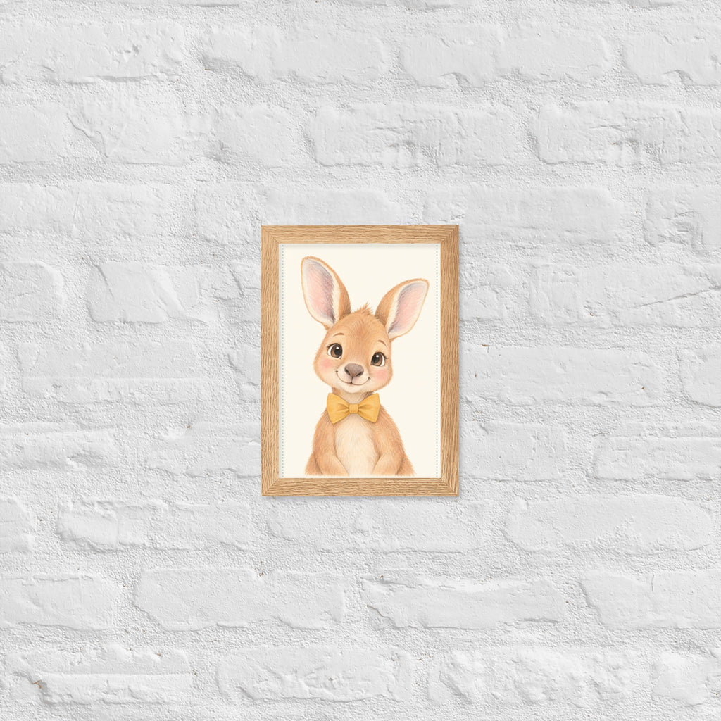 Poster kangourou aquarelle encadré chêne sur mur blanc