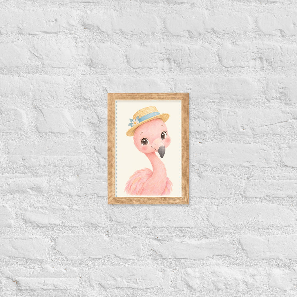 Poster flamant rose aquarelle encadré chêne sur mur blanc