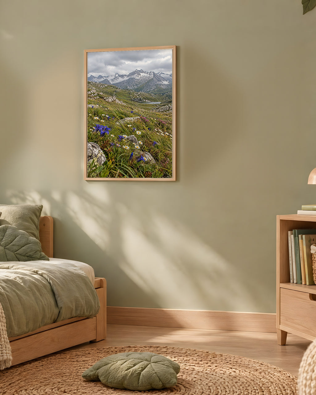 Poster Encadré Prairie alpine en fleurs - Affiche Nature Cadre Chêne - Décoration Murale