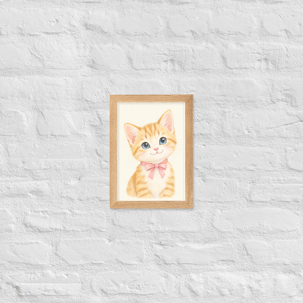 Poster chaton aquarelle encadré chêne sur mur blanc