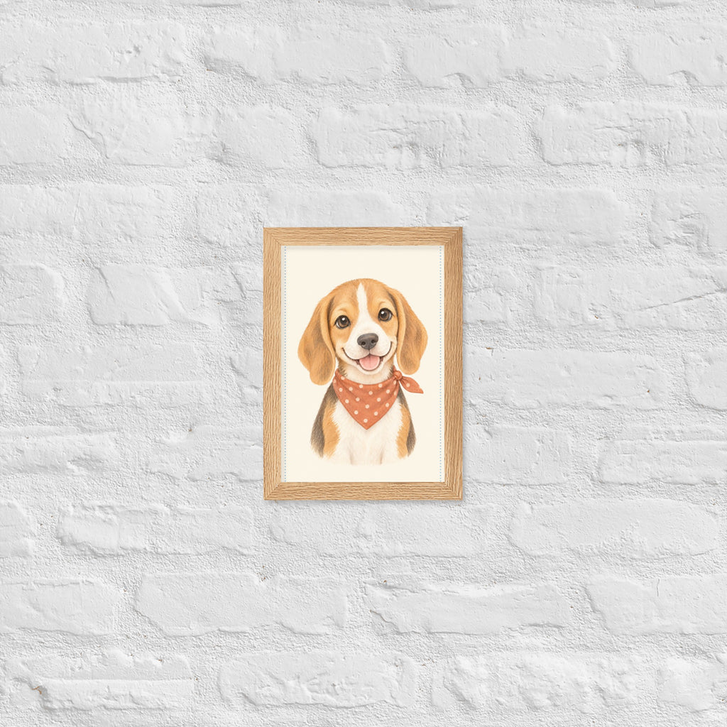 Poster chiot beagle aquarelle encadré chêne sur mur blanc