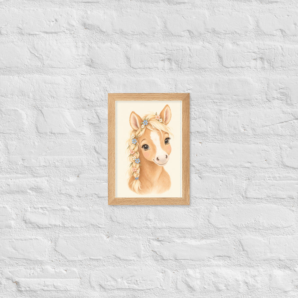 Poster poulain aquarelle encadré chêne sur mur blanc