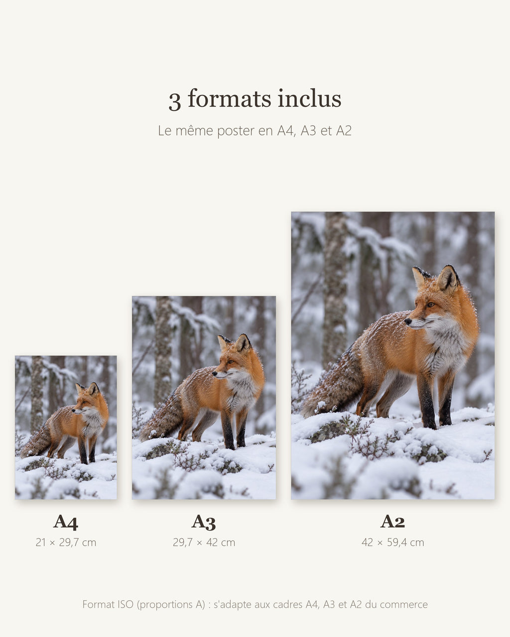 Poster Renard dans la neige — formats A4, A3 et A2