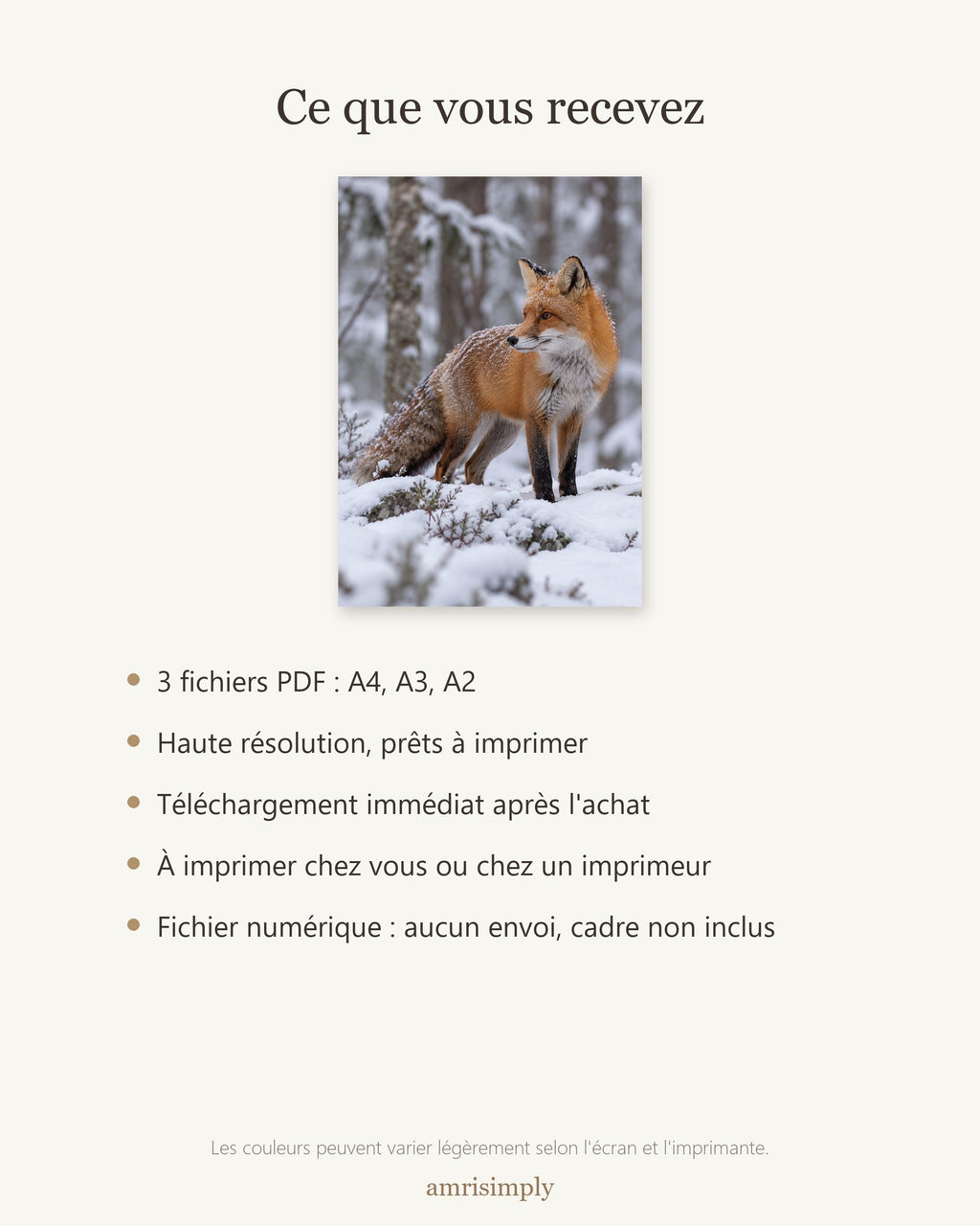 Poster Renard dans la neige — contenu du téléchargement : fichiers PDF