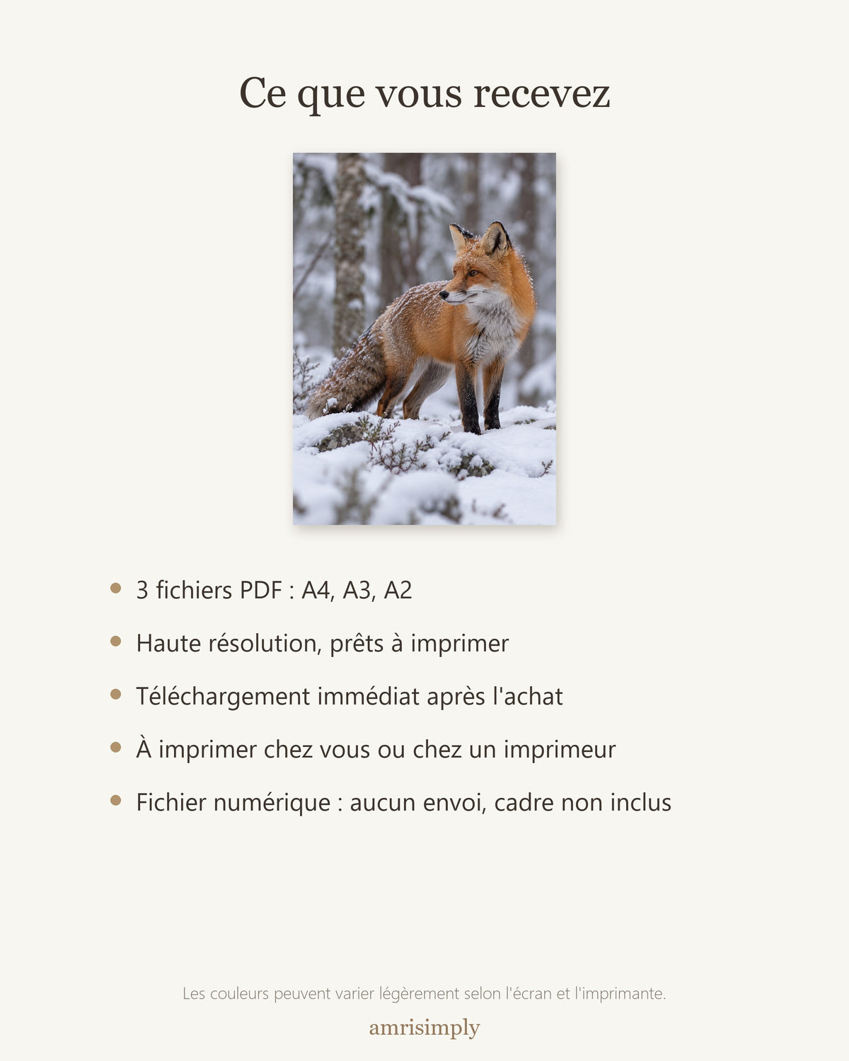 Poster Renard dans la neige — contenu du téléchargement : fichiers PDF