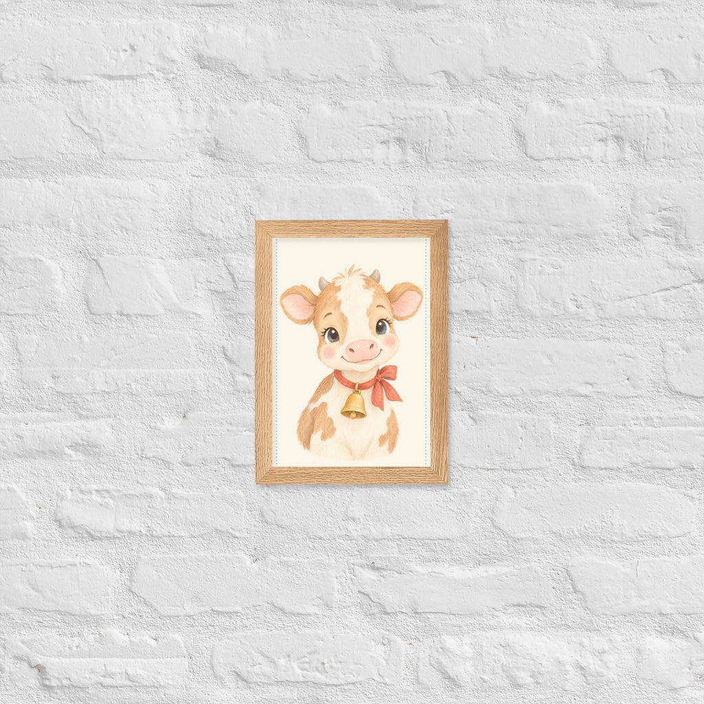 Poster veau aquarelle encadré chêne sur mur blanc
