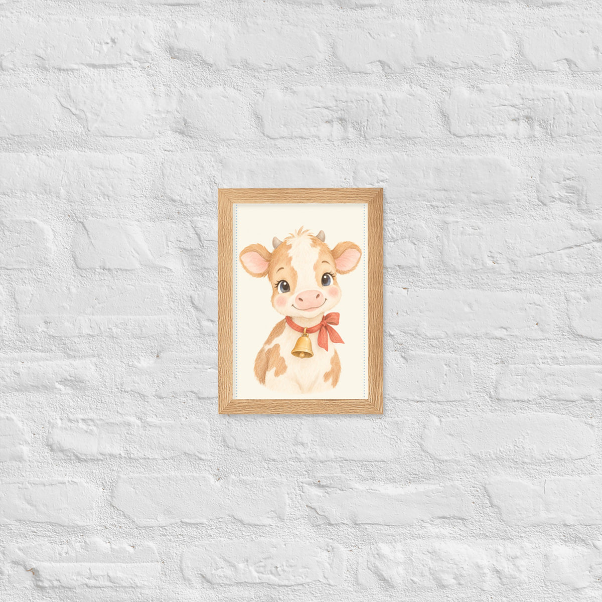 Poster veau aquarelle encadré chêne sur mur blanc