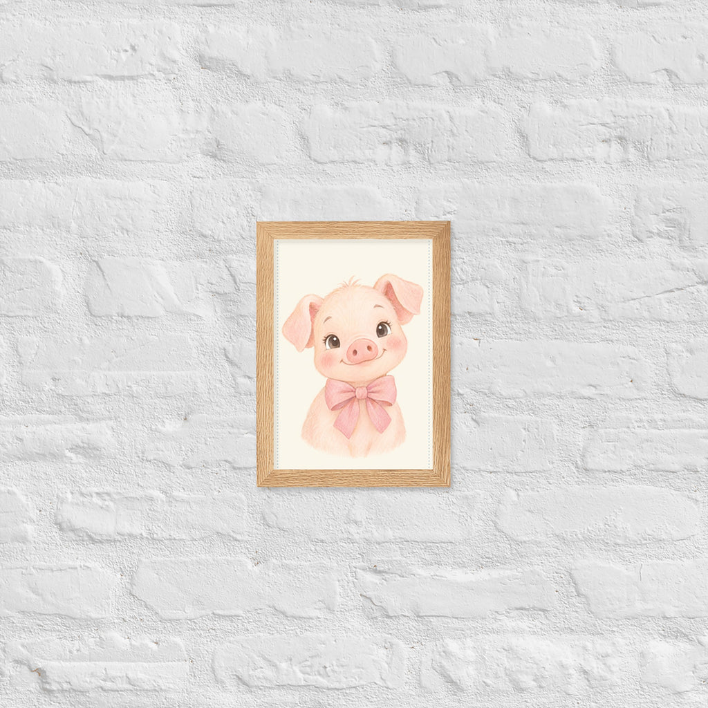 Poster cochonnet aquarelle encadré chêne sur mur blanc