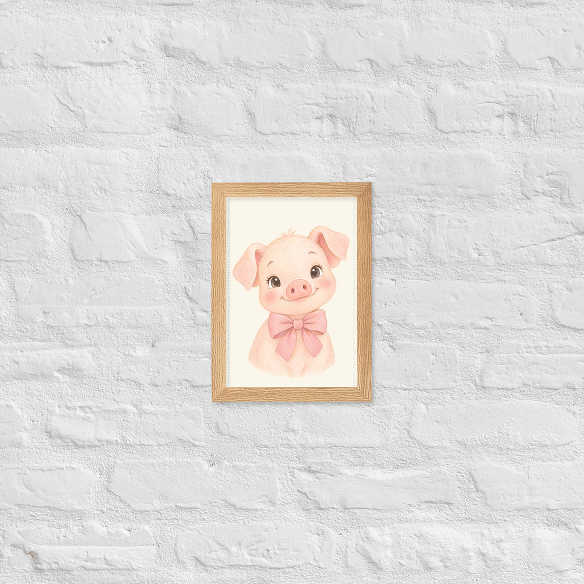 Poster cochonnet aquarelle encadré chêne sur mur blanc