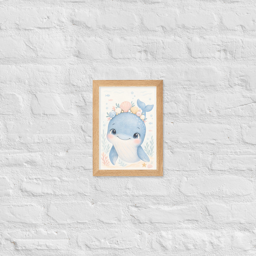 Poster baleine aquarelle encadré chêne sur mur blanc