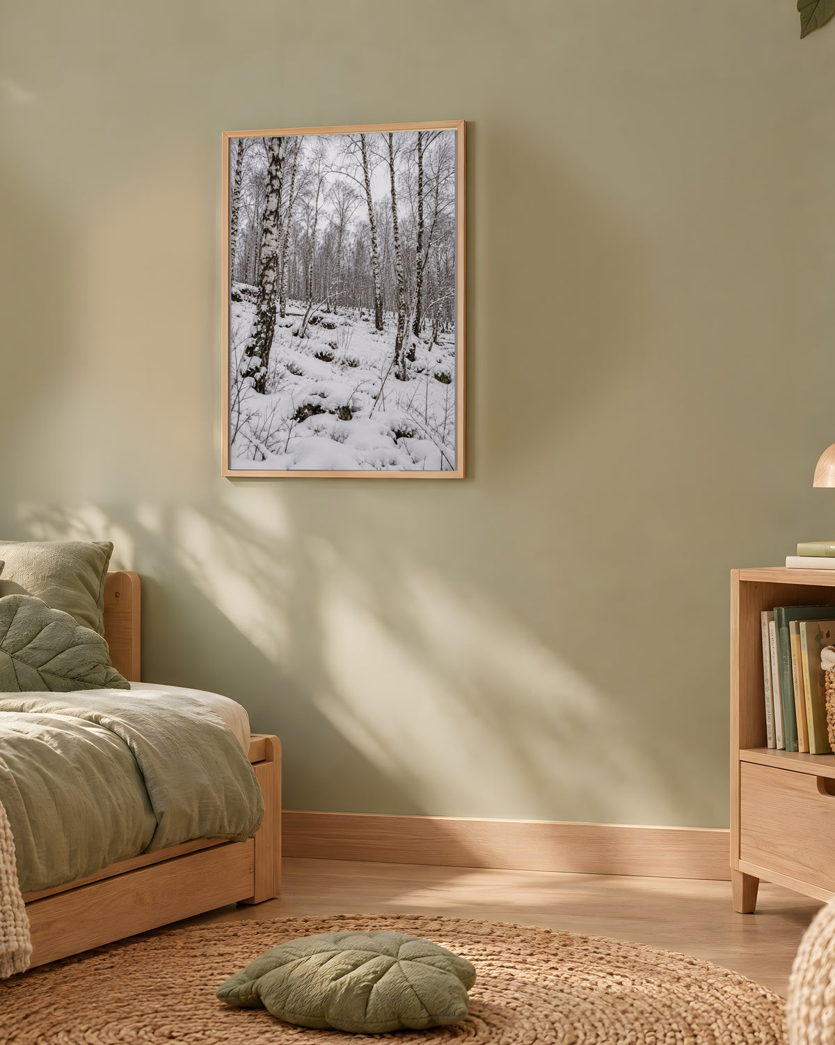 Poster Encadré Forêt de bouleaux sous la neige - Affiche Nature Cadre Chêne - Décoration Murale