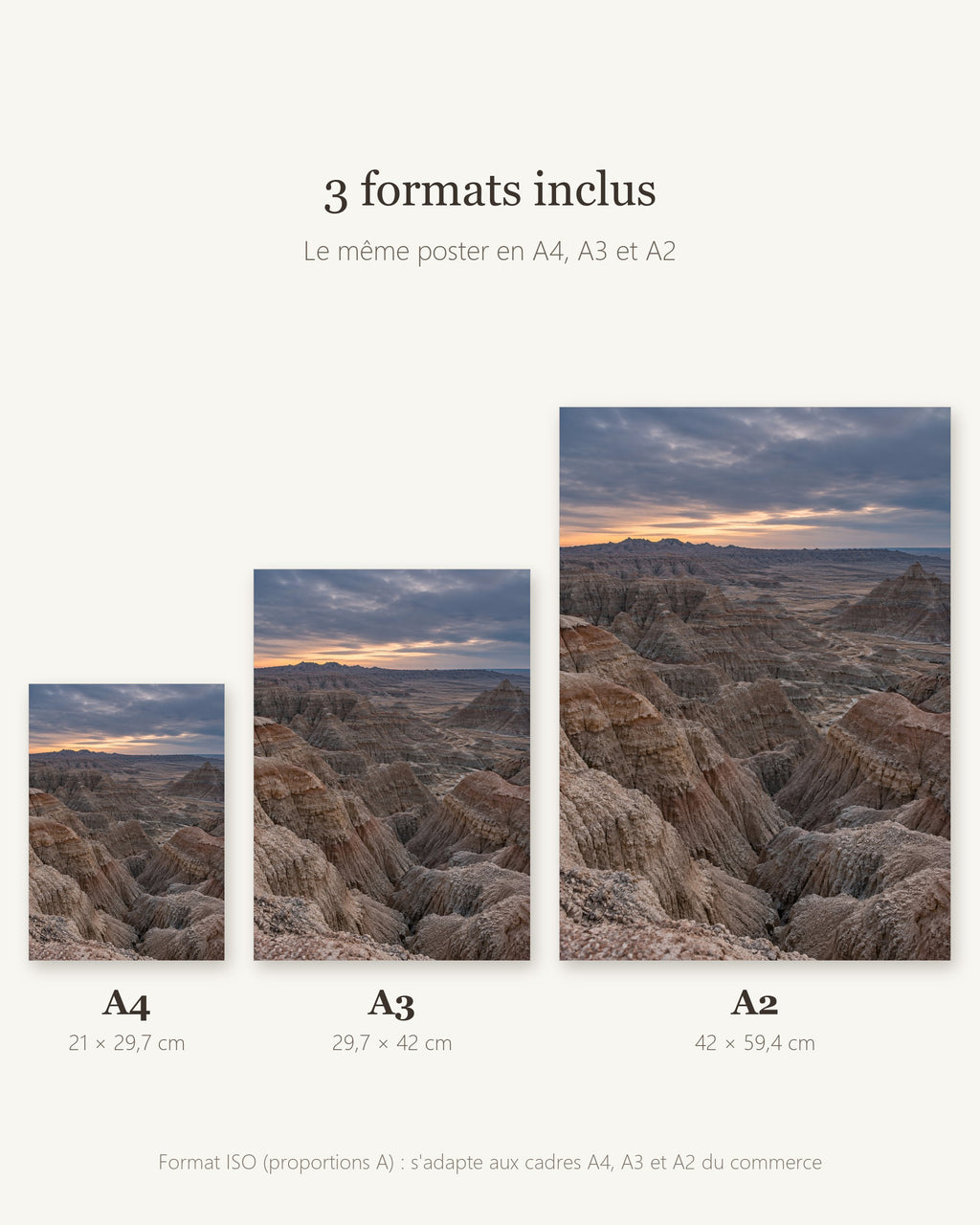 Poster Badlands au crépuscule — formats A4, A3 et A2