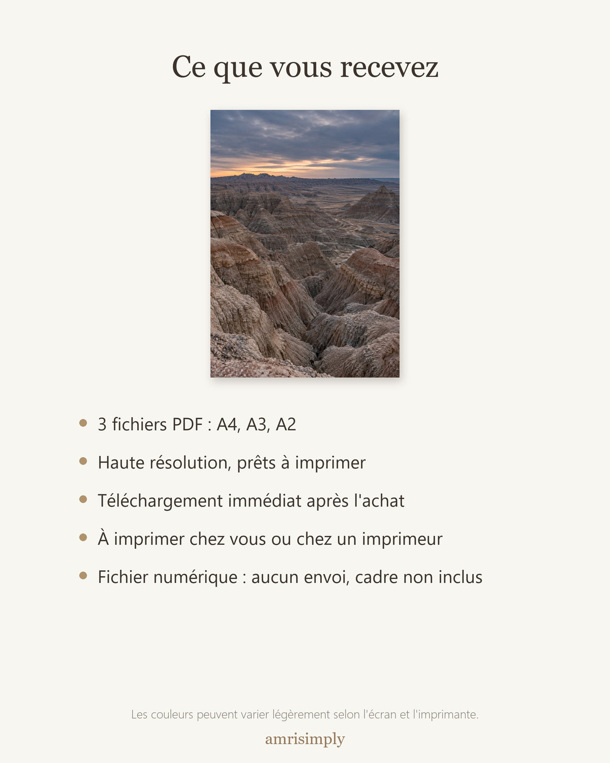 Poster Badlands au crépuscule — contenu du téléchargement : fichiers PDF