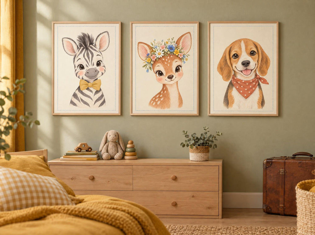 Lot 3 Posters Sans Cadre Petits Explorateurs – Zèbre Faon Chiot Beagle – Décoration Chambre Bébé Aquarelle – Papier Mat