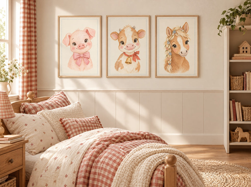 Lot 3 posters animaux ferme a imprimer - poulain, veau, cochonnet - aquarelle chambre enfant