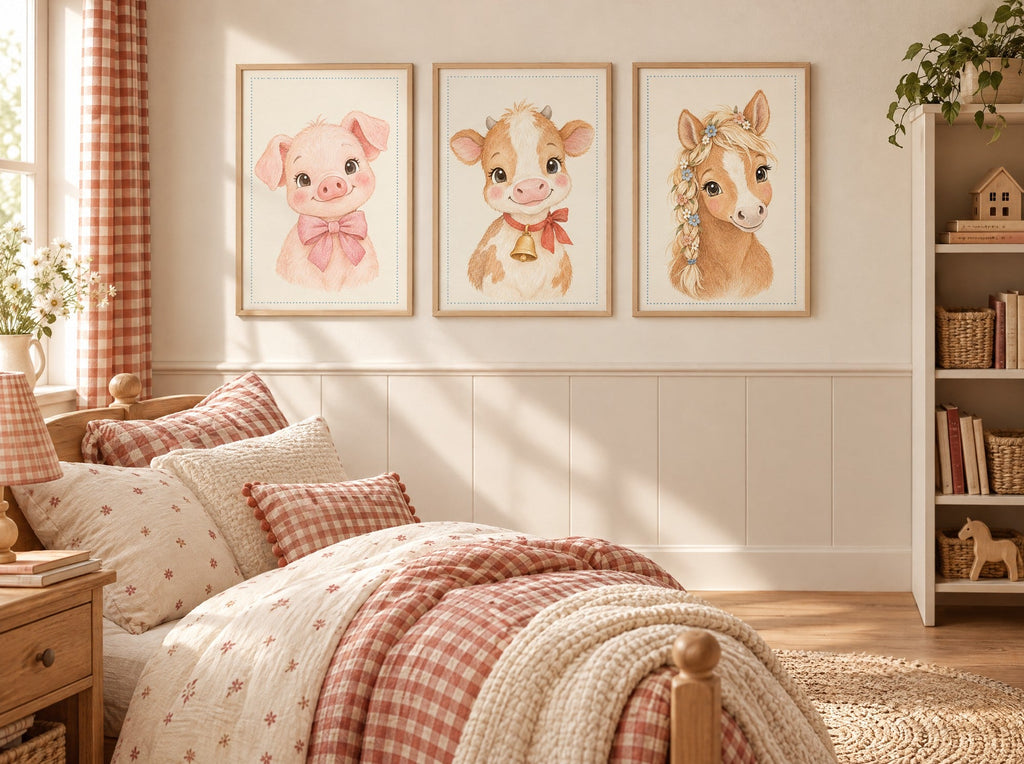 Lot Amis de la Ferme : 3 posters encadrés dans une chambre d'enfant