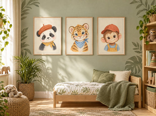Lot 3 posters animaux jungle a imprimer - panda, tigre, singe - aquarelle chambre enfant