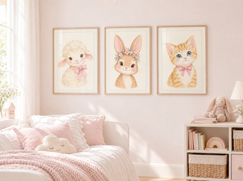 Lot Doux comme un Nuage : 3 posters encadrés dans une chambre d'enfant