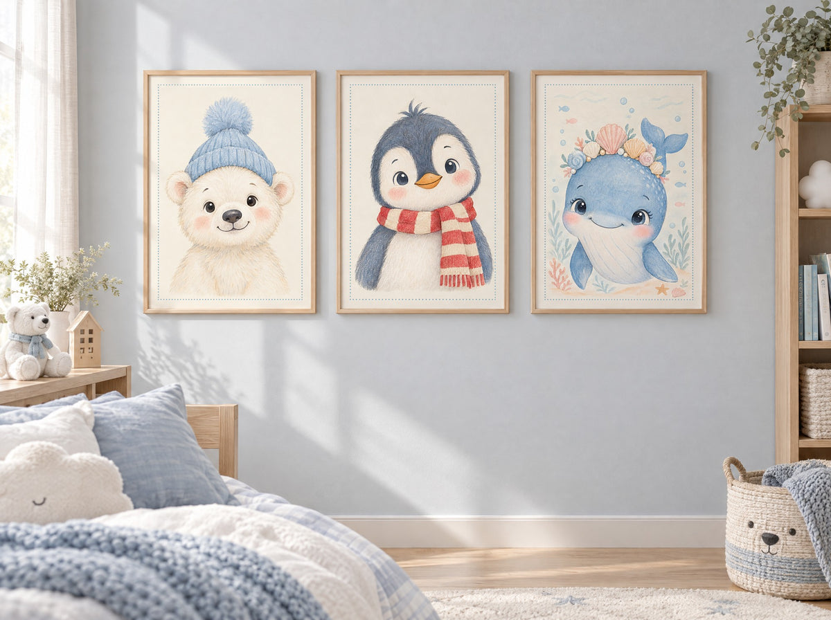 Lot 3 posters animaux polaires a imprimer - pingouin, ours polaire, baleine - aquarelle chambre bebe