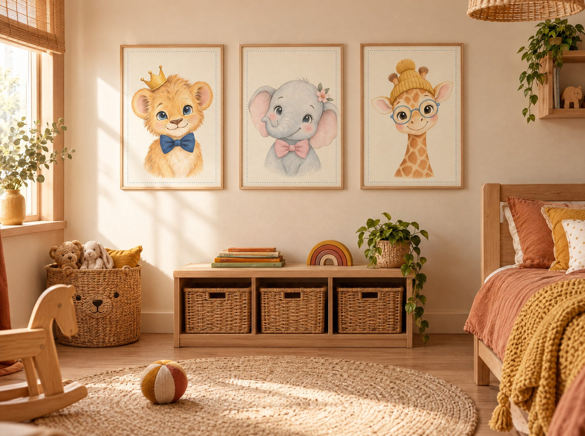 Lot 3 posters animaux savane à imprimer — lionceau, éléphanteau, girafon — aquarelle pour chambre d'enfant