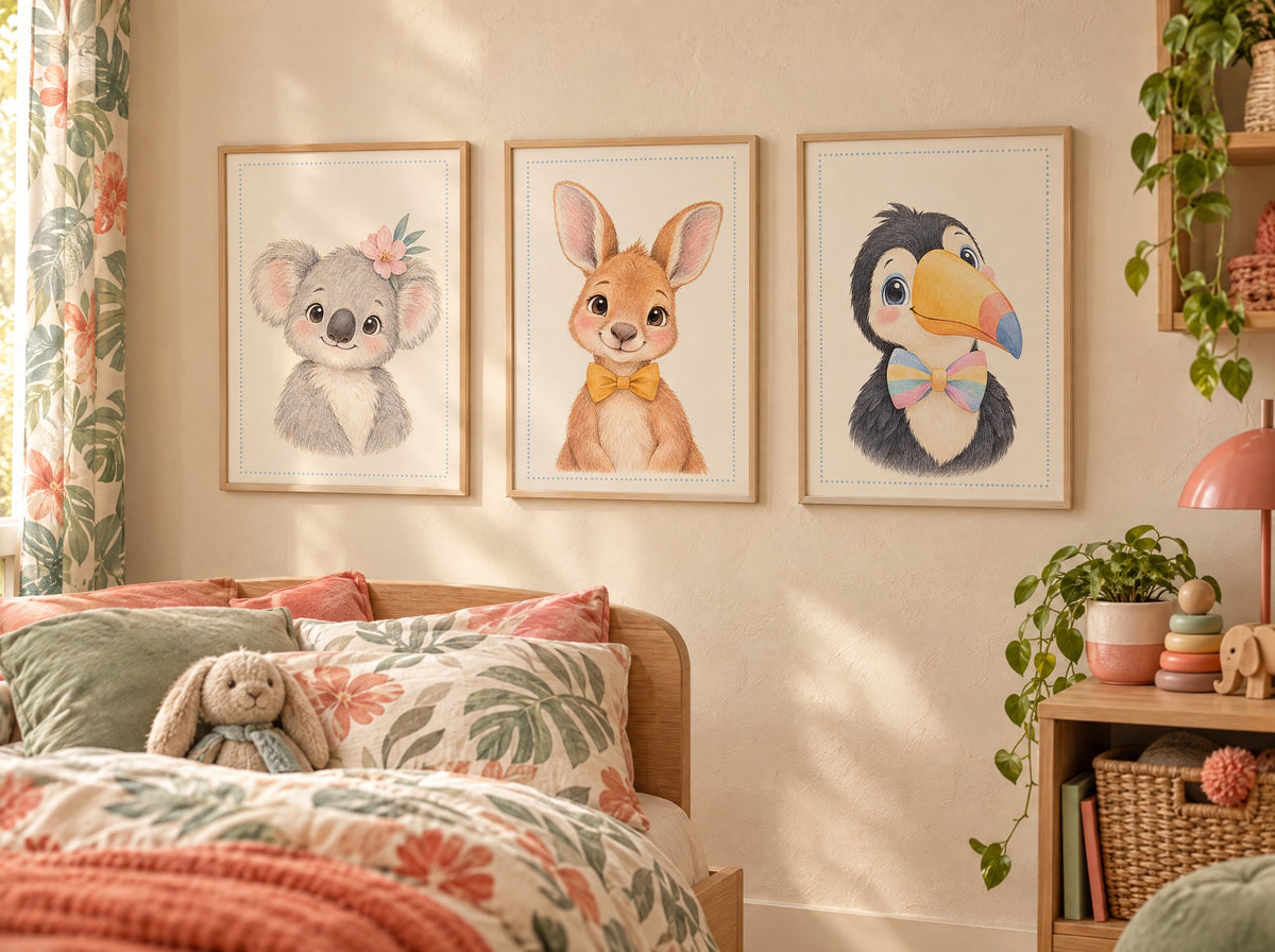 Lot 3 posters animaux exotiques a imprimer - koala, kangourou, toucan - aquarelle chambre enfant