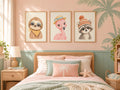 Lot 3 posters animaux tropicaux a imprimer - raton laveur, paresseux, flamant rose - aquarelle chambre bebe